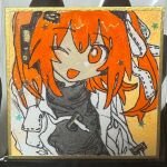  1girl a.i._voice adachi_rei black_shirt bright_pupils commentary_request hair_ribbon highres jacket looking_at_viewer one_eye_closed one_side_up open_clothes open_jacket open_mouth orange_eyes orange_hair ribbon sanotsuki_(mochi0101_831) shikishi shirt smile solo star_(symbol) traditional_media upper_body utau white_jacket white_pupils 