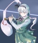  1girl black_hairband commentary_request cowboy_shot fighting_stance ghost glint gradient_background green_eyes green_skirt green_vest grey_background grey_hair hairband highres holding holding_sword holding_weapon kanaria_(bcomn) katana konpaku_youmu konpaku_youmu_(ghost) long_sleeves looking_at_viewer sheath shirt short_hair skirt solo sword touhou unsheathing vest weapon white_shirt 