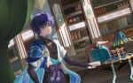  1boy amsz7702 blue_hair book bookshelf bright_pupils chair curtains genshin_impact indoors lamp looking_at_viewer male_focus parted_lips purple_eyes purple_hair scaramouche_(genshin_impact) short_hair solo tassel wanderer_(genshin_impact) white_pupils 