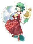  arms_behind_back flower from_above green_eyes green_hair kazami_yuuka long_skirt parasol plaid plaid_skirt plaid_vest red_skirt short_hair skirt skirt_set smile solo standing sunflower toto_nemigi touhou umbrella vest 