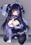  1girl ahoge animal_ears black_dress black_hair black_thighhighs blue_nipples bone_tail bow breasts cat_ears cat_girl colored_inner_hair colored_nipples commentary dress freckles heart heart_ahoge heart_in_eye highres huge_bowtie indie_virtual_youtuber large_breasts long_hair looking_at_viewer maid_headdress mole mole_on_breast multicolored_hair nekrolina open_mouth purple_eyes purple_hair see-through_tail solo symbol_in_eye tail tail_bow tail_ornament thighhighs thighs toes virtual_youtuber 