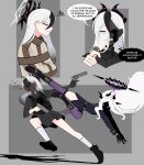  absurdres batman_(series) black_hair black_horns blue_archive coin commentary cosplay dc_comics demon_girl demon_horns demon_wings english_commentary english_text grey_halo gun halo highres hina_(blue_archive) horns kayoko_(blue_archive) long_hair mask multicolored_hair non_de_burk original_terror_(blue_archive) red_eyes revolver straitjacket two-face two-face_(cosplay) two-tone_hair weapon white_hair wings 
