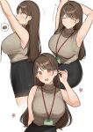  1girl black_skirt blush box breasts brown_eyes brown_hair cardboard_box check_commentary commentary_request earrings highres id_card jewelry large_breasts long_hair looking_at_viewer multiple_views office_lady ol-chan_(ol_mahonanoka) ol_mahonanoka original pencil_skirt simple_background skirt sleeveless sleeveless_sweater spoken_object sweater swept_bangs turtleneck white_background 