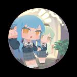  2girls absurdres artist_name bang_dream! bang_dream!_it's_mygo!!!!! ben-day_dots black_ribbon blue_hair blue_shirt blue_skirt blush brown_shoes commentary_request green_hair grey_neckerchief hair_ribbon hat highres kekego multiple_girls neckerchief open_mouth outdoors parted_bangs paw_pose peephole pov_peephole ribbon sailor_collar school_uniform screentones shirt shoes sidelocks skirt smile socks sparkling_eyes togawa_sakiko tsukinomori_school_uniform wakaba_mutsumi white_sailor_collar white_socks yellow_eyes 