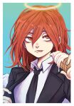  1boy :p absurdres androgynous angel angel_devil_(chainsaw_man) angel_wings aqua_background bazukat_art bishounen black_jacket black_necktie black_suit business_suit chainsaw_man collared_shirt expressionless feathered_wings food formal_clothes glowing glowing_halo gradient_background hair_between_eyes halo highres holding holding_food holding_ice_cream holding_ice_cream_cone ice_cream ice_cream_cone jacket long_hair looking_to_the_side male_focus necktie orange_eyes red_hair shirt simple_background solo suit suit_jacket tongue tongue_out traditional_halo upper_body white_shirt white_wings wings 