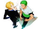  2boys bandana_around_arm black_suit blonde_hair blue_shirt cigarette closed_mouth commentary curly_eyebrows earrings from_above green_hair haramaki highres holding holding_cigarette jewelry looking_back male_focus multiple_boys one_piece roronoa_zoro sanji_(one_piece) shirt short_hair sideburns sitting smoke suit ynnn_m 