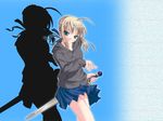  ahoge artist_request artoria_pendragon_(all) blonde_hair caliburn casual fate/stay_night fate_(series) green_eyes hair_ribbon long_sleeves pleated_skirt ribbon saber skirt solo sword weapon 