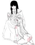  2girls all_fours ass black_eyes black_hair clothed_female_nude_female commentary femdom fujiwara_no_mokou greyscale hand_on_another's_head highres holding holding_leash houraisan_kaguya japanese_clothes kimono leash long_hair monochrome multiple_girls nude red_eyes spot_color stomachbooks touhou very_long_hair white_hair yuri 