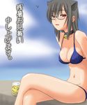  animal_ears bell bell_collar bikini black_hair blue_bikini blush breasts cat_ears cleavage collar copyright_request covered_nipples day glasses hijiri_tsukasa jingle_bell medium_breasts navel open_mouth red_eyes sitting solo swimsuit 