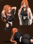  1girl absurdres ass black_hakama black_kimono bleach breasts brown_background brown_eyes cleavage clothing_cutout commentary hair_ornament hakama haori highres huge_breasts inoue_orihime japanese_clothes kimono lady_shin lips long_hair long_sleeves looking_at_viewer lying mamimi_(mamamimi)_(style) on_side open_mouth orange_hair parted_bangs sash shihakusho side_cutout simple_background smile snowflake_hair_ornament solo taichou_haori white_haori white_sash yawning 