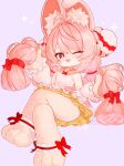  1girl ahoge alternate_costume animal_ear_fluff animal_ears braid braided_twintails bright_pupils crossed_legs dress furry furry_female hair_ornament highres long_hair looking_at_viewer one_eye_closed open_mouth pink_background pink_fur pink_hair rabbit_ears rabbit_girl red_eyes short_eyebrows simple_background sitting solo sphere_hair_ornament thick_eyebrows twin_braids uixy white_dress white_pupils zenless_zone_zero zhao_(zenless_zone_zero) 