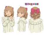  1girl :d absurdres blue_eyes bow brown_hair closed_eyes commentary cropped_torso dress english_commentary freckles from_behind hair_bow hands_up highres long_sleeves medium_hair multiple_views open_mouth original own_hands_together parted_lips red_bow ringlets smile sparkling_eyes white_dress wonemie 