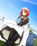  apron artist_request blue_eyes hisui laundry long_sleeves maid pantyhose red_hair short_hair solo tsukihime upskirt 