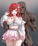  1girl absurdres artist_name bar_censor bare_shoulders belt blacked_female breast_tattoo breasts censored clothed_female_nude_male commission cowboy_shot crop_top dark-skinned_male dark_skin erection flower goddess_of_victory:_nikke grey_background hair_flower hair_ornament hetero highres interracial jacket large_areolae large_breasts long_hair long_sleeves looking_at_viewer midriff miniskirt nipple_slip nipple_stimulation nipple_tweak nipples nude off_shoulder one_side_up ong_doi open_clothes open_jacket open_mouth penis pink_belt pink_skirt pixiv_commission puffy_nipples puffy_sleeves pussy_juice queen_of_spades_symbol race_fetishism race_fetishism_symbol rapi_(nikke) rapi_(red_hood)_(nikke) rapi_(red_hood)_(shining_light)_(nikke) red_hair simple_background skirt tattoo v very_dark_skin white_jacket 