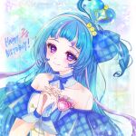  1girl aokaze_nana bare_shoulders blue_hair blue_theme blush breasts collarbone commentary_request cure_wink dress headphones highres hime_cut idol idol_clothes idol_heart_brooch_(precure) idol_heart_incom kimi_to_idol_precure long_hair looking_at_viewer multicolored_hair n_m_oekaki_n_k open_mouth own_hands_together plaid_clothes plaid_ribbon plaid_sleeves precure purple_eyes purple_hair ribbon short_sleeves small_breasts smile solo strapless strapless_dress upper_body very_long_hair watermark 