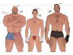  3boys american_flag american_flag_print arm_hair artist_name bara black_male_underwear blue_eyes boxer_briefs boxers chest_hair closed_mouth commentary cropped_legs crossed_arms dog_tags english_commentary facial_hair flag_print freckles height_chart highres jockstrap large_pectorals leg_hair looking_at_viewer male_focus male_underwear multiple_boys multiple_scars muscular muscular_arms muscular_male navel navel_hair nipples pectorals plna print_male_underwear scar scout_(tf2) short_hair sniper_(tf2) soldier_(tf2) strongman_waist stubble team_fortress_2 thighs toned toned_male topless_male underwear underwear_only 