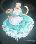  1girl 2026 absurdres alternate_breast_size_(larger) alternate_costume animal_ear_fluff animal_ears apron artist_name blonde_hair blue_choker blue_dress blue_eyes blue_nails blue_shoes breasts cat_ears cat_girl cat_tail choker cleavage commentary croissant cup dress earrings english_commentary food frilled_dress frills full_body hair_over_one_eye highres holding holding_tray huge_breasts jewelry long_hair long_sleeves looking_at_viewer maid maid_apron maid_headdress mario_(series) puffy_sleeves rosalina shoes smile solo star_(symbol) star_earrings tail tea teacup tray tundromaiden twitter_username very_long_hair 