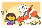  1boy 1other brown_hair child colored_skin frisk_(undertale) gloves highres official_art papyrus_(undertale) red_gloves red_scarf scarf shirt skeleton sketch striped_clothes striped_shirt temmie_chang undertale utdr_(toby_fox) yellow_background yellow_skin 