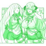  2girls blush bracelet breasts commentary_request cosplay crop_top cynthia_(pokemon) eyelashes fingernails green_theme hair_ornament hair_over_one_eye heart highres jewelry kenchi long_hair lusamine_(pokemon) monochrome multiple_girls necklace olivia_(pokemon) olivia_(pokemon)_(cosplay) pokemon pokemon_diamond/pearl/platinum pokemon_sun_and_moon shirt short_shorts shorts sleeveless sleeveless_shirt teeth very_long_hair 