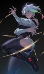  1girl absurdres black_leotard cyberpunk:_edgerunners cyberpunk_(series) furrype4ch highleg highleg_leotard highres jacket leotard lucy_(cyberpunk) multicolored_hair short_hair shorts solo white_jacket white_shorts 