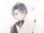  1boy ? aeon_(shining_nikki) black_shirt blue_coat blue_eyes blue_hair chinese_commentary closed_mouth coat commentary_request confused hair_between_eyes hood hood_down hooded_coat interruption_(echo-023) jacket light_blush light_frown light_particles looking_at_viewer male_focus messy_hair nikki_(series) open_clothes open_coat plaid_clothes plaid_jacket reading shining_nikki shirt short_hair simple_background solo spoken_question_mark straight-on turtleneck turtleneck_shirt upper_body white_background white_jacket zipper 