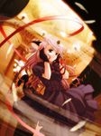  animal_ears brown_eyes cat_ears church copyright_request dress feathers gloves light pink_hair purple_dress ribbon sasayuki solo tail 