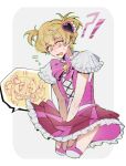  1boy 1girl alternate_costume blonde_hair blush crossdressing dante_(limbus_company) don_quixote_(project_moon) dress e.g.o_(project_moon) embarrassed flying_sweatdrops highres holding_own_skirt in_the_name_of_love_and_hate_(e.g.o) limbus_company open_mouth project_moon short_hair short_twintails simple_background sinclair_(project_moon) sparkling_eyes tianyiku2026 twintails white_background yellow_eyes 