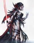  1girl artist_name ass black_hair black_lips blondynkitezgraja breasts bridal_gauntlets cape commentary energy_sword english_commentary from_side highres holding holding_weapon large_breasts lightsaber lipstick looking_at_viewer luna_snow makeup marvel multicolored_hair pale_skin red_eyes red_lightsaber short_hair signature sith solo star_wars sword thigh_strap thighs two-tone_hair watermark weapon web_address white_background white_hair 