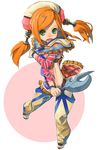  aisha_(saga) artist_request blush bottomless bracelet chaps covering embarrassed green_eyes hair_ornament hairclip hat jewelry long_hair open_mouth orange_hair pussy romancing_saga romancing_saga_minstrel_song saga sandals solo twintails weapon 