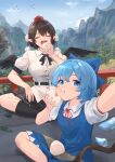  2girls absurdres bird_wings black_ribbon black_skirt black_socks black_wings blue_bow blue_dress blue_eyes blue_hair bow breasts brown_hair cirno collared_shirt commentary_request day detached_wings dress eating food food_on_face hair_bow hat highres holding holding_food ice ice_wings kneehighs medium_breasts mountainous_horizon multiple_girls neck_ribbon onigiri open_mouth outdoors pinafore_dress pointy_ears pom_pom_(clothes) puffy_short_sleeves puffy_sleeves red_hat red_ribbon ribbon ribbon-trimmed_skirt ribbon_trim roke_(taikodon) shameimaru_aya shirt short_sleeves sitting skirt sleeveless sleeveless_dress socks tokin_hat touhou white_shirt wings 