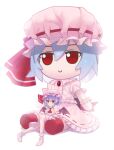  1girl absurdres ascot bat_wings blue_hair brooch character_doll chinese_commentary closed_mouth collared_shirt commentary_request doll frilled_shirt_collar frilled_skirt frills fumo_(doll) hat hat_ribbon highres jewelry medium_hair mob_cap pink_hat pink_shirt pink_skirt pink_wrist_cuffs purple_hair red_ascot red_eyes remilia_scarlet ribbon ribbon-trimmed_skirt ribbon_trim shirt simple_background sitting skirt skirt_set smile socks solo toorooo touhou white_background white_socks wings wrist_cuffs 