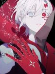  1boy absurdres allen_walker an-ko_(ankoankoazuki) black_background black_coat brown_hood coat collared_shirt colored_extremities colored_skin cross cross_tattoo d.gray-man facial_mark forehead_mark grey_eyes hair_between_eyes hand_tattoo heterochromia high_collar highres hood hood_up hooded_coat light_particles looking_at_viewer looking_to_the_side male_focus multicolored_coat necktie parted_bangs parted_lips portrait red_coat red_eyes red_hood red_nails red_necktie red_skin scar scar_across_eye scar_on_face shirt short_hair shoulder_pads sidelocks simple_background single_sidelock solo sparkle sparkling_eyes star_(symbol) star_facial_mark tattoo two-tone_coat two-tone_hood white_hair white_shirt white_skin 