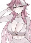  1girl absurdres animal_ears blush bra breasts commentary ewn eyelashes fingernails highres hololive hololive_english huge_breasts long_hair looking_at_viewer midriff multicolored_hair nail_polish navel panther_ears panther_girl pants pink_hair pink_nails raora_panthera signature simple_background solo streaked_hair sweat sweater two-tone_hair underwear virtual_youtuber white_background white_bra white_pants white_sweater yellow_eyes 