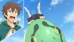  1boy 1girl animal armor armored_boots black_skirt blue_sky boots brown_hair cannibalism cape cloud darkness_(konosuba) day game_asset giant_snake green_cape green_snake highres kono_subarashii_sekai_ni_shukufuku_wo! kono_subarashii_sekai_ni_shukufuku_wo!_kono_yokubukai_game_ni_shinpan_o! lens_flare looking_ahead non-web_source official_art open_mouth outdoors oversized_animal satou_kazuma self-datamine shirt short_hair skirt sky snake surprised upper_body upside-down v-shaped_eyebrows white_shirt wide-eyed yellow_armor 