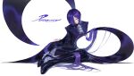  1girl aizi arms_behind_back black_boots black_cloak boots character_name cloak commentary crescent crescent_earrings earrings hair_over_one_eye highres jewelry long_hair parted_lips promeia_(zenless_zone_zero) purple_eyes purple_hair purple_nails sitting solo thigh_boots very_long_hair zenless_zone_zero 