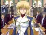  blonde_hair blurry cagalli_yula_athha depth_of_field gundam gundam_seed gundam_seed_destiny jpeg_artifacts looking_at_viewer screencap standing surprised table uniform 