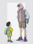  2boys aged_down backpack bag behindxa brown_jacket brown_shoes brown_shorts child green_socks grey_hoodie grey_socks hands_in_pockets height_difference highres hood hoodie jacket jacket_over_hoodie kageyama_shigeo kneehighs letterman_jacket male_focus mob_psycho_100 multiple_boys randoseru reigen_arataka shoes shorts signature socks untied_shoelaces yellow_jacket 