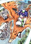  1boy 2girls aegiomon animal_legs asymmetrical_legwear bandana bandana_around_neck bare_shoulders bird birdramon black_vest blue_eyes blue_hair blue_skirt body_markings bow breasts brown_fur chest_jewel commentary_request digimon digimon_(creature) digimon_story:_time_stranger dress eikenkobayashi elbow_gloves facial_mark fiery_wings floating_island flying garter_belt gears gloves goat_boy goat_horns goggles goggles_on_head green_dress green_hat grey_hair gun hat headband highres holding holding_gun holding_weapon horns jacket kneeling large_breasts loincloth long_hair misono_inori motion_lines multiple_girls no_shirt outdoors pan_flute pantyhose pelvic_curtain pleated_skirt pointy_ears red_scarf riding_digimon satyr scarf short_dress short_hair skirt sleeveless sleeveless_dress speed_lines squatting talons thighhighs tree two-tone_dress vest weapon white_dress white_gloves white_jacket white_thighhighs wings yellow_bow yellow_headband yuuki_kanan 