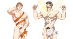  2boys abs absurdres antlers armpit_hair armpits bara biceps boucheron_(fire_emblem) brown_hair eikthyrnir_(fire_emblem) english_commentary fire_emblem fire_emblem_engage fire_emblem_heroes highres horns looking_at_viewer looking_to_the_side male_focus male_pubic_hair mask masked meme mouth_mask multiple_boys muscular muscular_male navel nipples nude_guy_wrapped_in_ribbons_standing_(meme) pectorals penis penis_peek pubic_hair reindeer_antlers summoner1709041 veins veiny_penis 