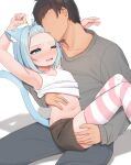  1boy 1girl absurdres animal_ears aqua_eyes arm_up bangs_pinned_back blue_hair blush breasts cat_ears cat_girl cat_tail clothes_lift cowboy_shot feet_out_of_frame heart hetero highres jelly_hoshiumi jewelry kiss kissing_forehead long_sleeves midriff navel nose_blush on_lap one_eye_closed open_mouth phase_connect pink_thighhighs ring shirt_lift short_shorts shorts sleepypudding small_breasts striped_clothes striped_thighhighs tail tank_top thighhighs white_tank_top white_thighhighs 