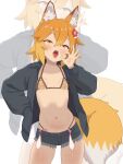  1girl absurdres animal_ear_fluff animal_ears animal_print bikini black_jacket blush bob_cut breasts collared_jacket colored_condom commentary_request condom condom_belt covered_nipples cutoffs denim denim_shorts fellatio_gesture flower fox_ears fox_girl fox_tail foxyle gradient_hair hair_flower hair_ornament hand_in_jacket hand_in_pocket highres jacket leopard_print long_sleeves looking_at_viewer micro_bikini multicolored_hair naughty_face navel open_clothes open_jacket open_mouth oral_invitation orange_hair senko_(sewayaki_kitsune_no_senko-san) sewayaki_kitsune_no_senko-san sexually_suggestive short_hair short_shorts shorts simple_background small_breasts solo stomach string_bikini swimsuit tail thighs tongue tongue_out used_condom white_background yellow_eyes 