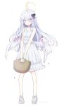  1girl angel_wings azusa_(blue_archive) basket blue_archive blush bow closed_mouth collarbone commentary_request dot_mouth dress falling_petals feathered_wings floating_hair full_body hair_bow halo highres holding holding_basket ica long_hair looking_at_viewer low_wings open-toe_shoes petals purple_bow purple_eyes shoes signature simple_background sneakers solo standing sundress twitter_username very_long_hair white_background white_dress white_hair white_wings wing_flower wings yellow_halo 