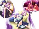  dreaming fate/stay_night fate_(series) glasses matou_sakura multiple_girls nipples purple_hair rider sleeping takeuchi_takashi third-party_edit 