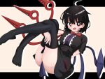  1girl ahoge asymmetrical_wings black_dress black_eyes black_hair black_thighhighs blue_wings blush bow bowtie breasts bright_pupils buttons center_frills commentary_request cookie_(touhou) dress frills full_body highres houjuu_nue looking_at_viewer medium_breasts meimei_(cookie) no_shoes open_mouth red_bow red_bowtie red_wings sannkametaro short_dress short_hair short_sleeves solo thighhighs tomoe_(symbol) touhou white_pupils wings yellow_background 