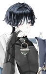  1boy 2026 armor bishounen black_bodysuit black_bridal_gauntlets black_hair blue_cape blunt_ends bodysuit bridal_gauntlets cape clenched_hand closed_mouth commentary_request covered_collarbone eyelashes eyeliner fingernails genshin_impact gold gold_ring grey_eyes hair_intakes hand_on_own_cheek hand_on_own_face hand_up highres japanese_armor japanese_clothes jazz_(texf3555) kimono kote kurokote looking_to_the_side makeup male_focus mandarin_collar middle_ring one_eye_closed open_clothes open_kimono pale_skin pectorals portrait red_eyeliner scaramouche_(genshin_impact) shoulder_peek side_cape solo toned toned_male tsurime variant_set wanderer_(genshin_impact) white_background white_kimono 