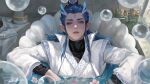  1boy absurdres amsz7702 ao_bing_(nezha_zhi_motong_jiangshi) blue_hair bubble chinese_clothes dragon_horns eyelashes facial_mark forehead_mark highres horns in_bathtub long_sleeves male_focus nezha_zhi_motong_jiangshi parted_lips realistic sidelocks signature solo web_address 