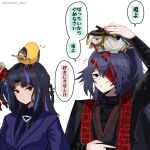  1boy 1girl animal_on_head animalization baby_animal bird black_eyes black_hair chick commentary_request faust_(project_moon) flying_sweatdrops heishou_pack-mao_branch_(identity)_(project_moon) highres hong_lu_(project_moon) hongyuan_(identity)_(project_moon) limbus_company multicolored_hair nijiiro_(graynbow_wolf) on_head one_eye_covered pinky_(identity)_(project_moon) project_moon rabbit red_eyes ryoshu_(project_moon) sinclair_(project_moon) streaked_hair suit translation_request 
