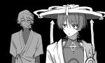  2boys arms_at_sides bags_under_eyes behind_another black_background blunt_ends bodysuit closed_eyes closed_mouth commentary_request covered_collarbone facing_viewer genshin_impact greyscale hat headscarf highres japanese_clothes jingasa kimono korean_commentary layered_sleeves long_sleeves looking_at_another mandarin_collar monochrome multiple_boys niwa_(genshin_impact) open_clothes open_kimono pyong_deog scaramouche_(genshin_impact) scene_reference shirt short_over_long_sleeves short_sleeves shoulder_peek side_cape smile surprised turtleneck turtleneck_shirt wanderer_(genshin_impact) wide-eyed wispy_bangs 