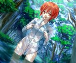  copyright_request dutch_angle fang forest long_sleeves nature open_mouth outdoors red_eyes red_hair scenery shirt short_hair solo tree wading water wet wet_clothes wet_shirt yasuyuki 