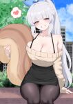  1girl absurdres arm_support armpit_crease black_pantyhose black_skirt blunt_bangs blush breasts cleavage collarbone commentary commission feet_out_of_frame grey_hair heart high_ponytail highres large_breasts long_hair looking_at_viewer miniskirt off-shoulder_sweater off_shoulder oldsickkim original outdoors pantyhose pencil_skirt ponytail sitting skirt smile solo spoken_heart squirrel_girl squirrel_tail sweater sweater_tucked_in tail very_long_hair yellow_sweater 